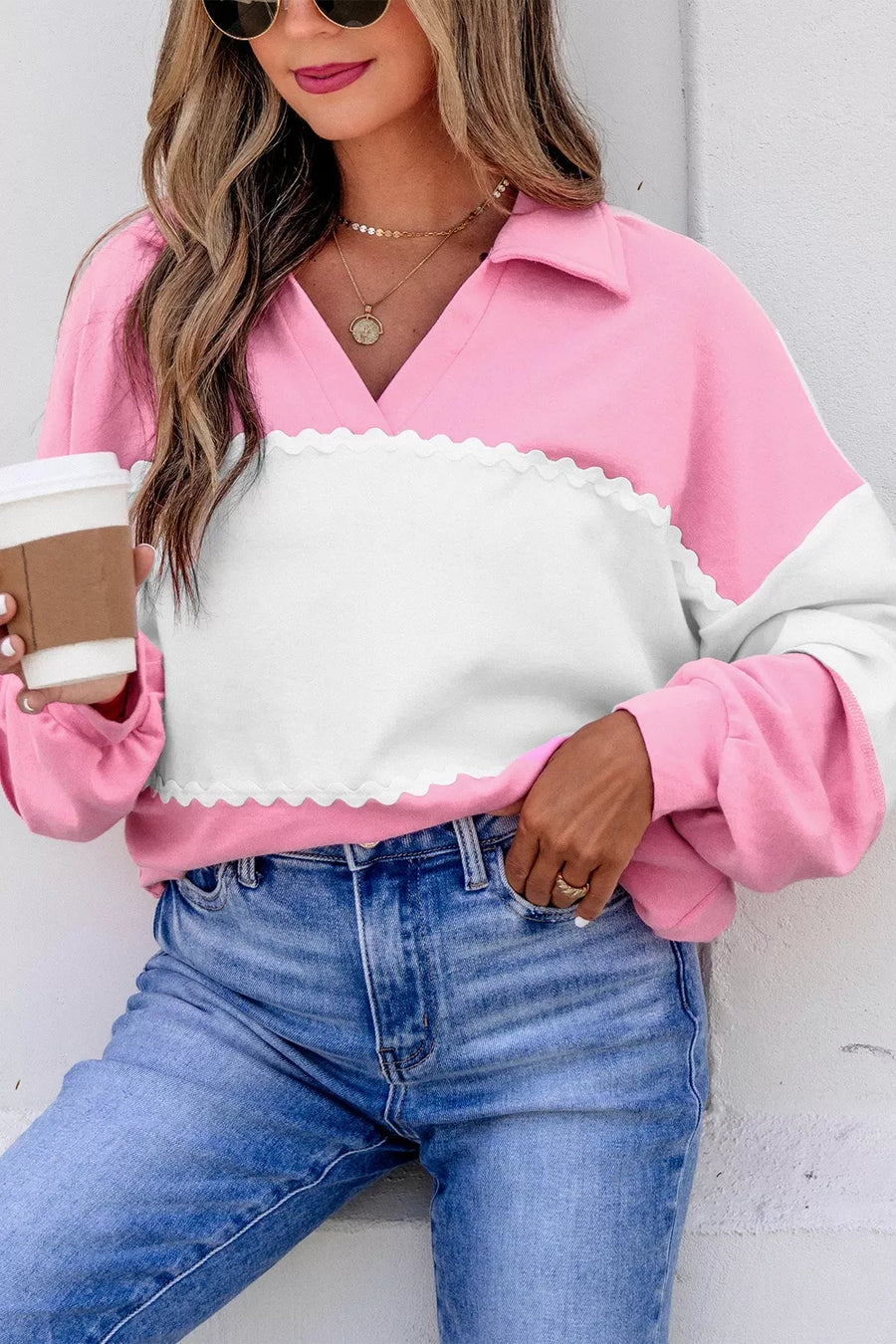 Colorblock Ricrac-Trim V-Neck Top — Pink
