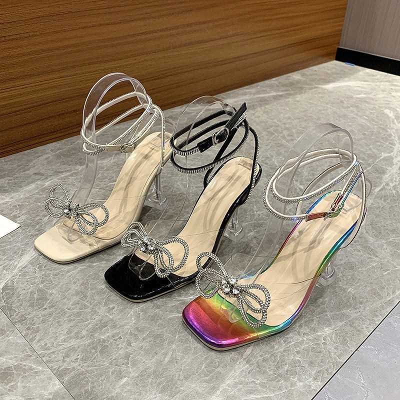 Rhinestone Bow Crystal Clear Wine Glass Heel Sandals - Women's Square Toe High Heel Buckle Sandals