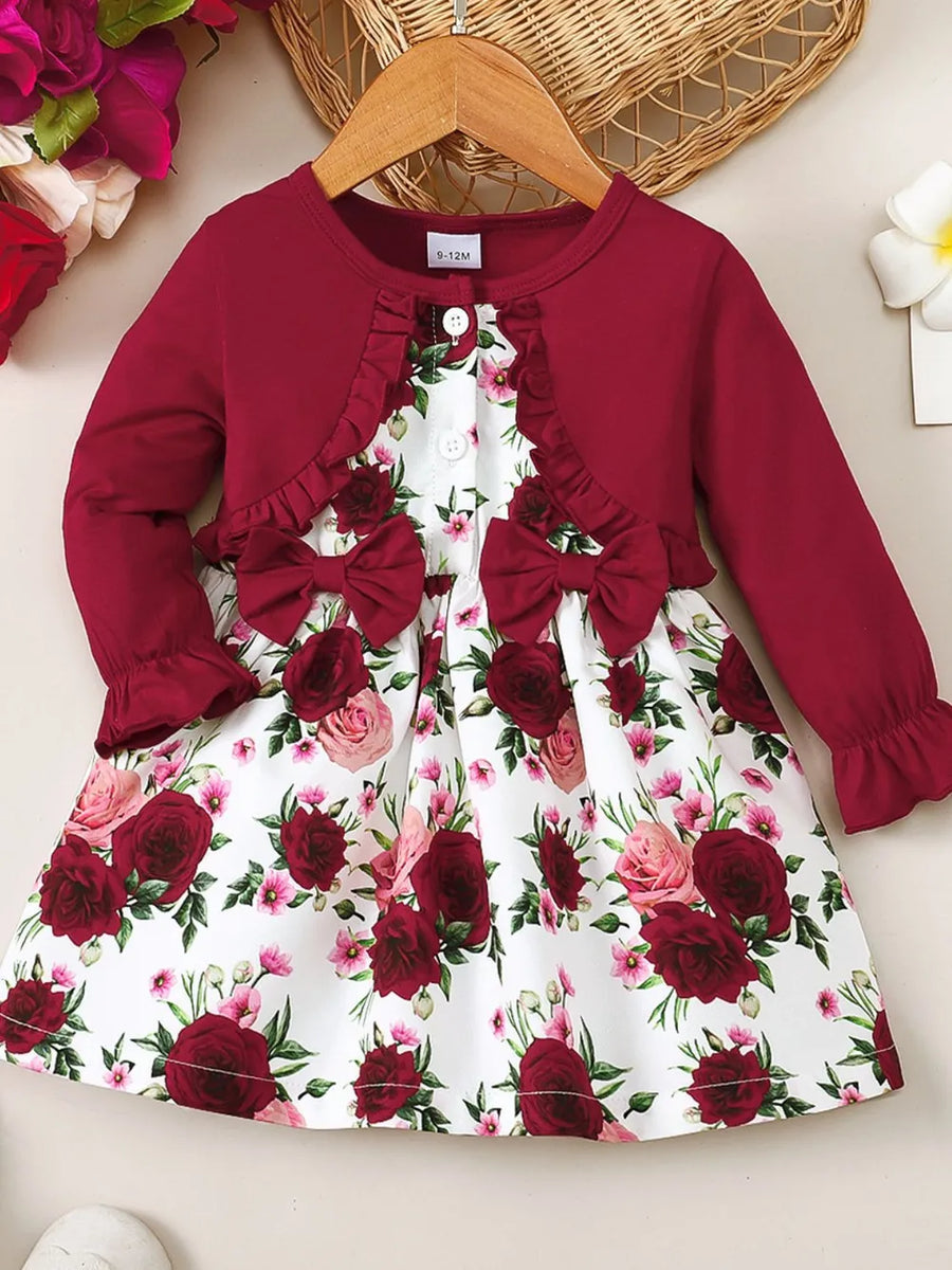 Floral Flounce-Sleeve Dress — Deep Red