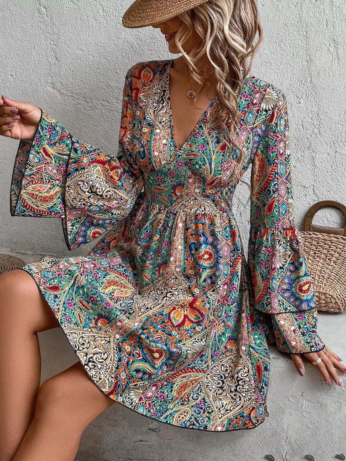 Women's Paisley V-Neck Bell-Sleeve Mini Dress