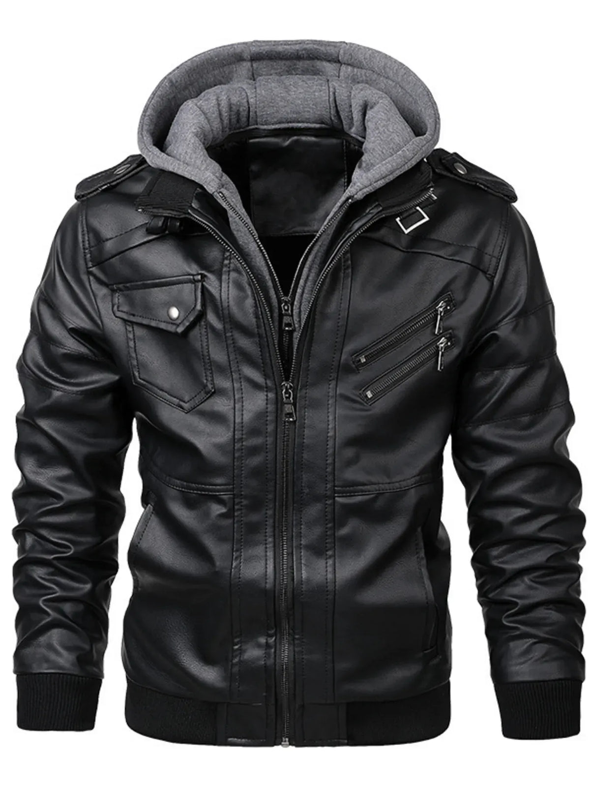 Men's Hooded Faux Leather Biker Jacket — photo 2