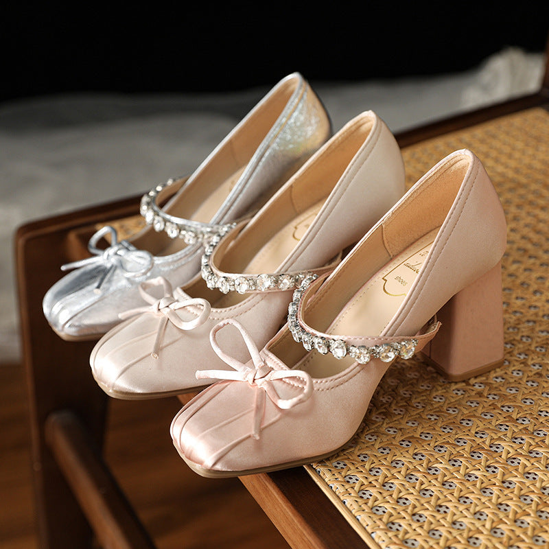 Rhinestone Bow-Tie Chunky Heel Dress Shoes