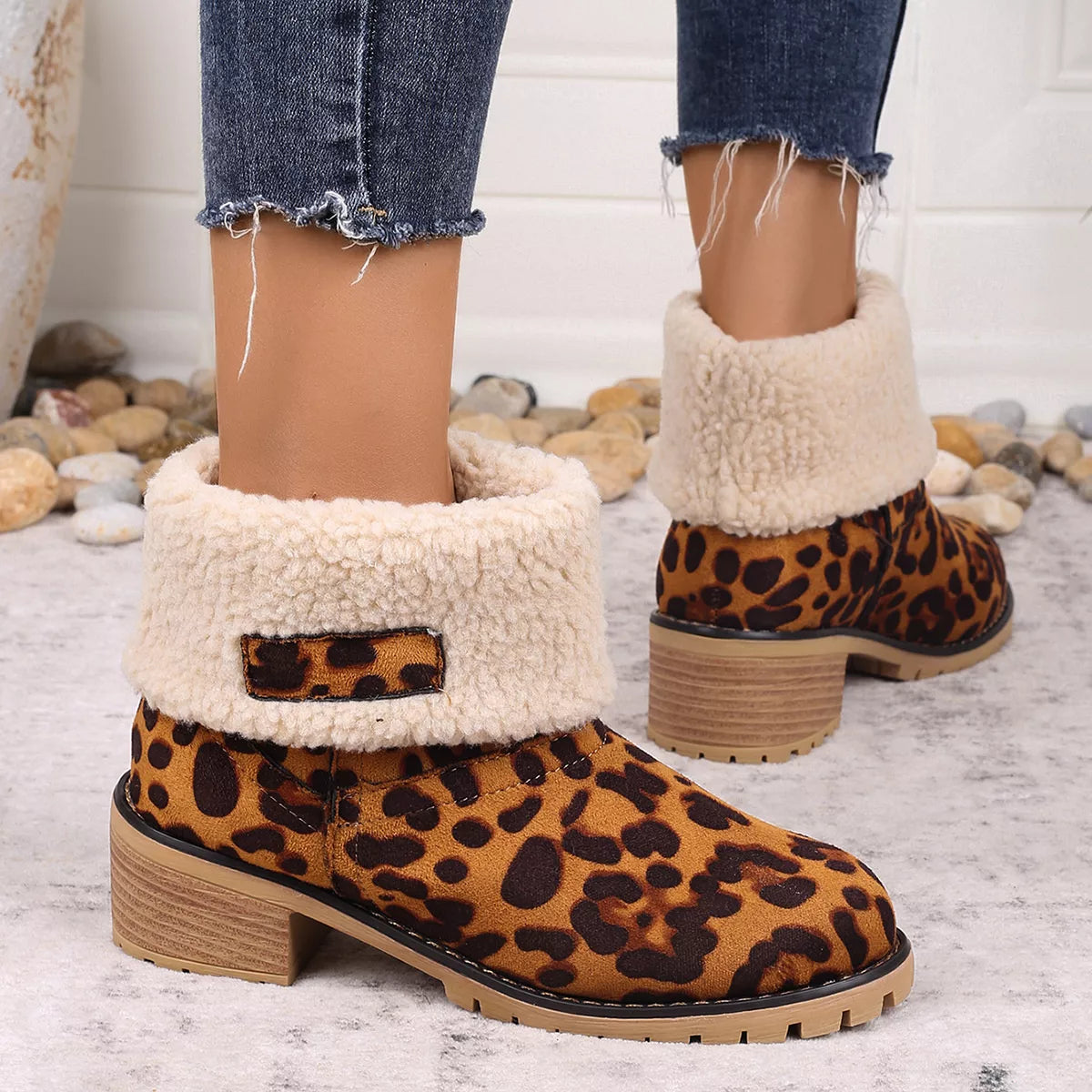 Women's Leopard Print Plush Lined Boots | Mid Heel Slip-On Suede Boots with Warm Faux Fur Lining