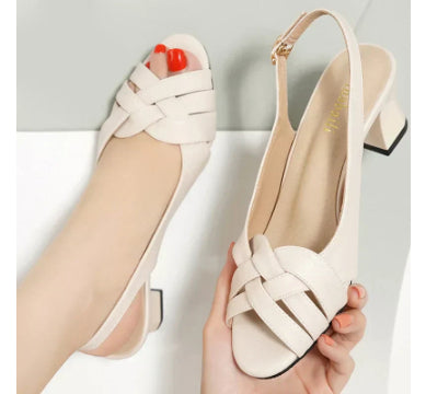 Women's Chunky Heel Woven Sandals - Elegant Open Toe Summer Shoes with Buckle Closure
