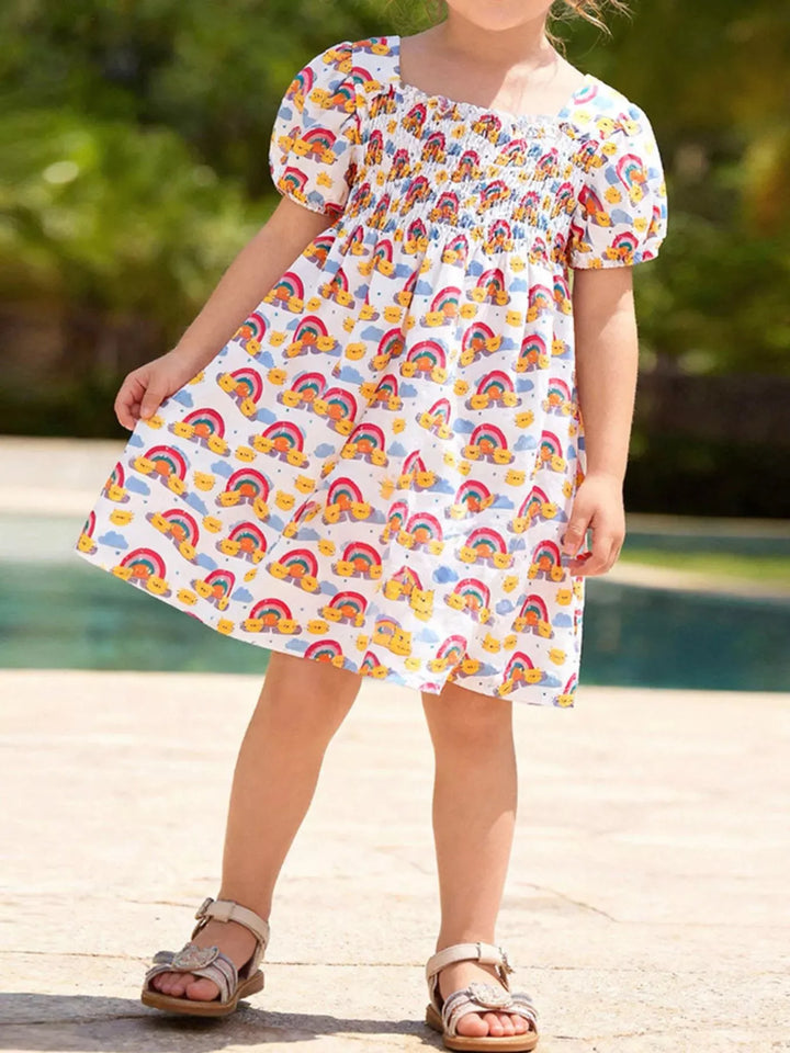 Smocked Cotton Puff-Sleeve Dress — Multicolor