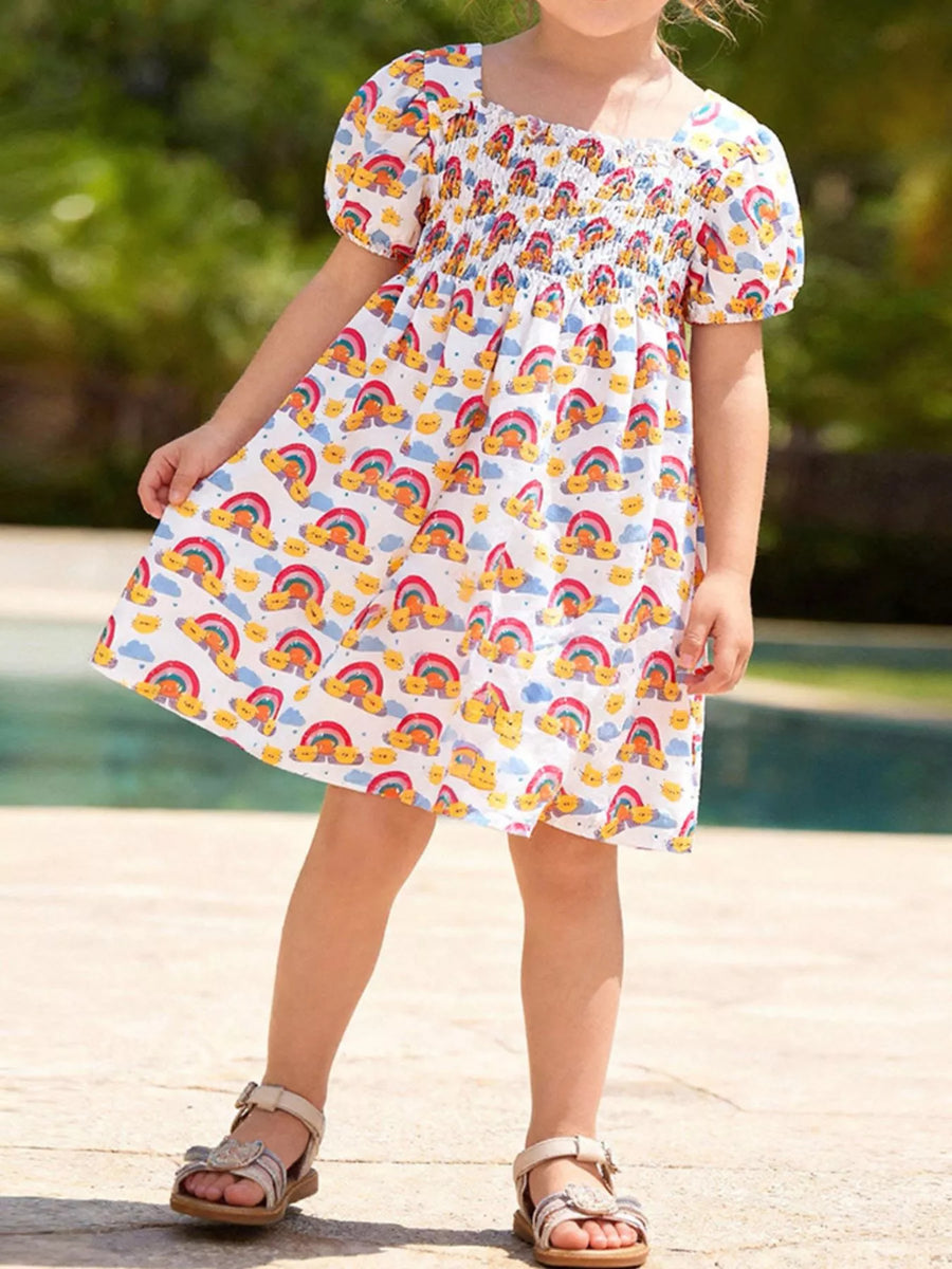 Smocked Cotton Puff-Sleeve Dress — Multicolor