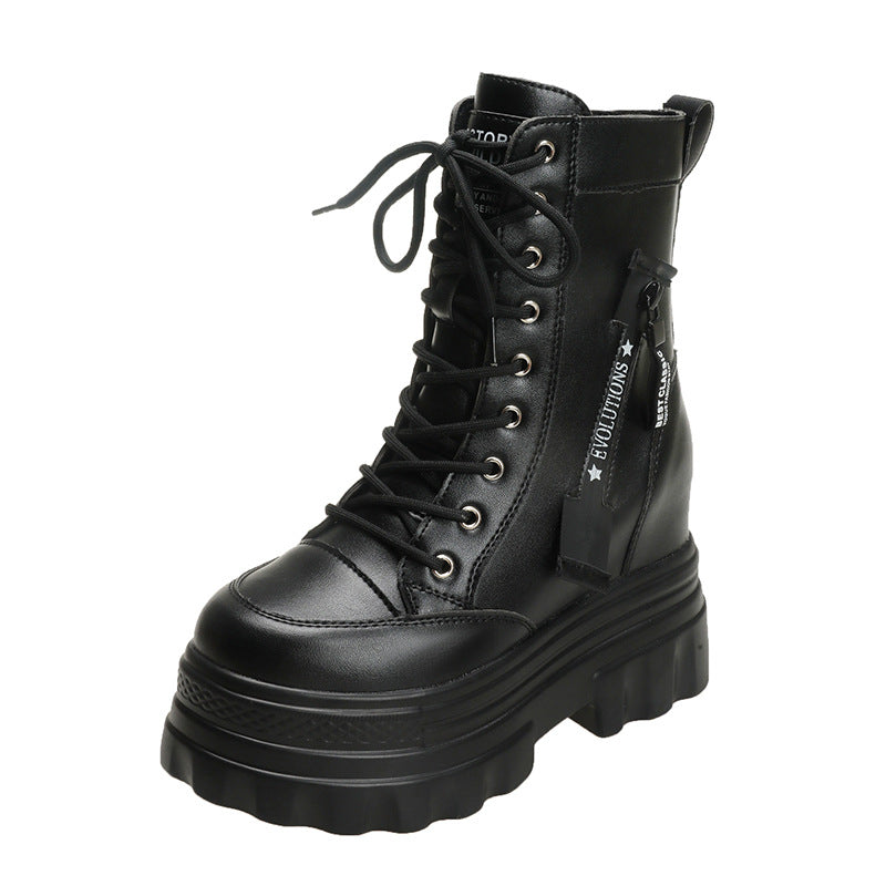 Women's High-Top Ankle Boots | Chunky Heel Side Zipper Lace-Up | Non-Slip Rubber Sole | Black & Beige