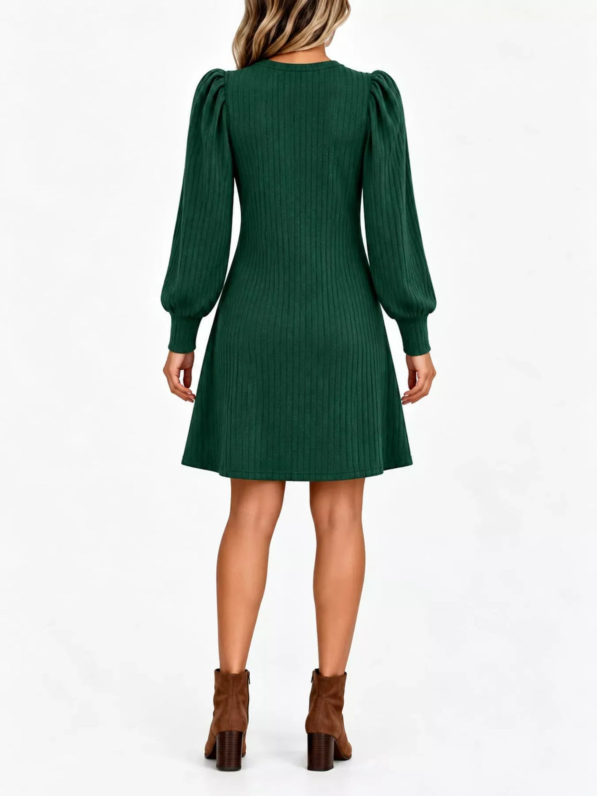 Puff-Sleeve Ribbed Knit Dress with Pockets — photo 14