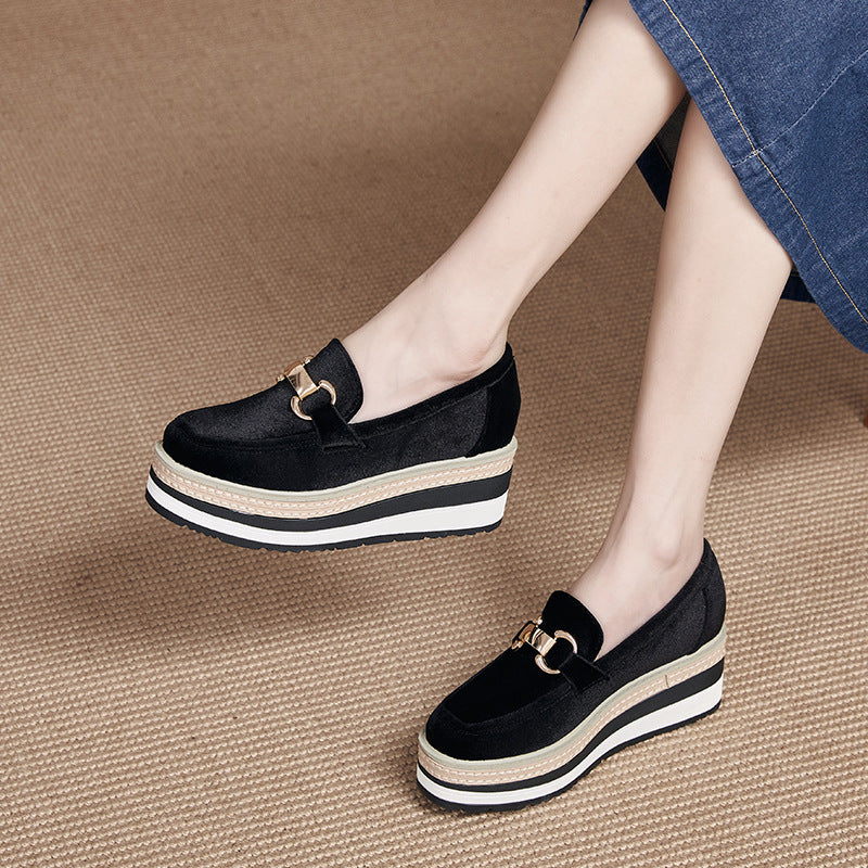 Metal Buckle Striped Wedge Slip-On Shoes