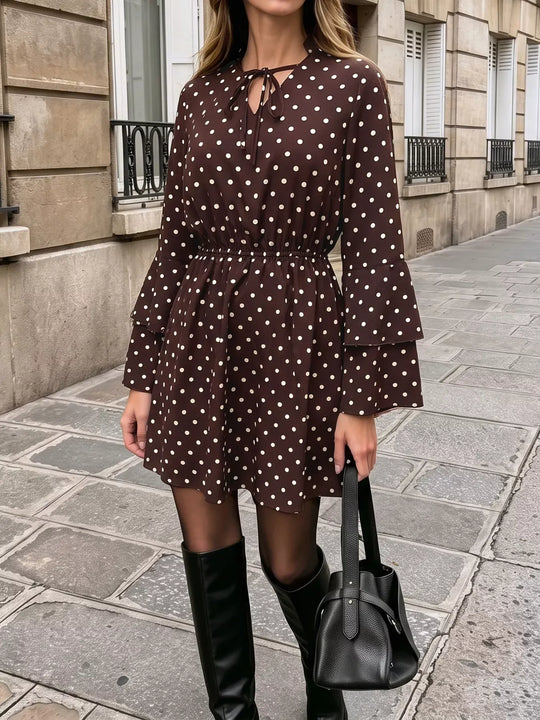 Another view: Polka Dot Flare Sleeve Tie Neck Dress