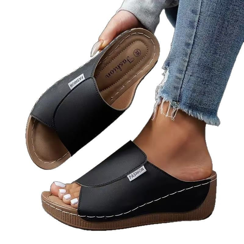 Women's Plus Size Chunky Sole Open Toe Slippers – Casual PU Slides