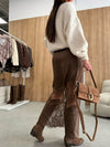 Women's unlined brown midi skirt with lace trim