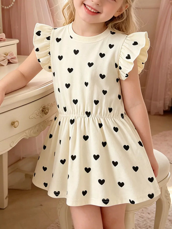 Girls' Heart Print Ruffle-Sleeve Dress
