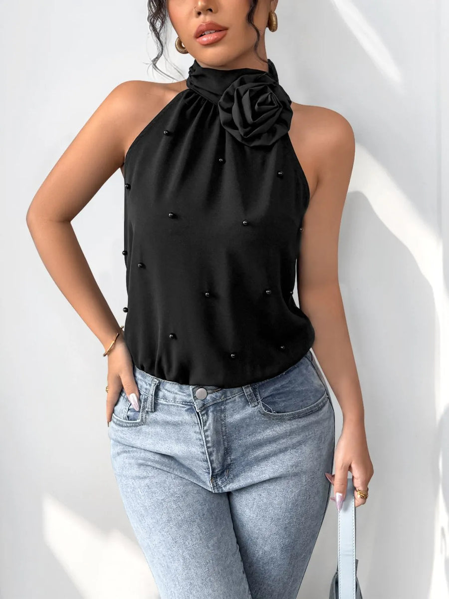 Black 3D Flower Grecian-Neck Bodysuit
