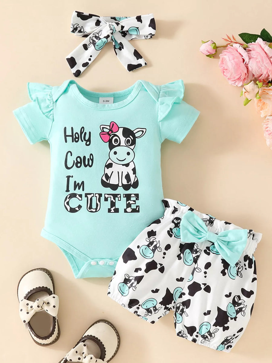 Clover Club Ruffled Cow Bodysuit and Shorts Set with Headband