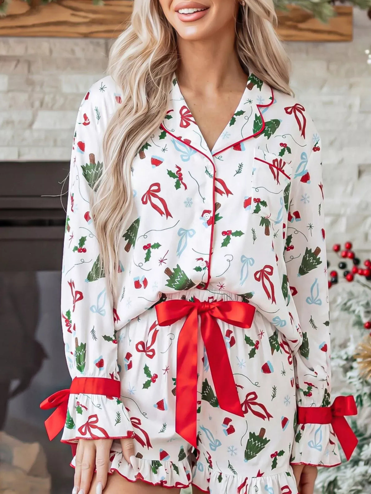 Women's Christmas Print Ruffle-Cuff Lounge Set — photo 1