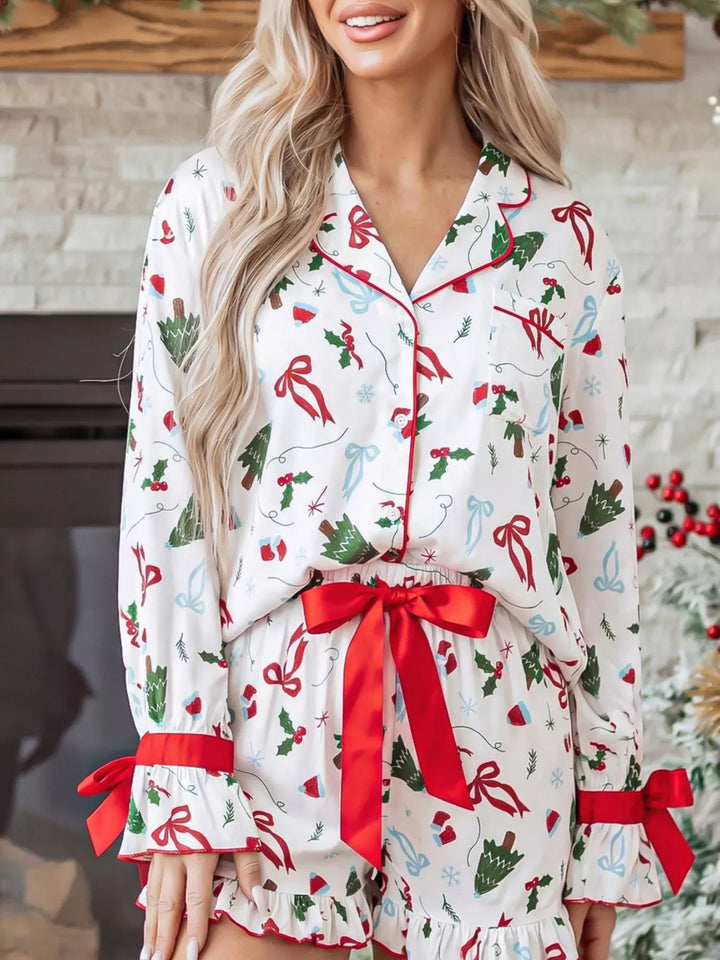 Women's Christmas Print Ruffle-Cuff Lounge Set