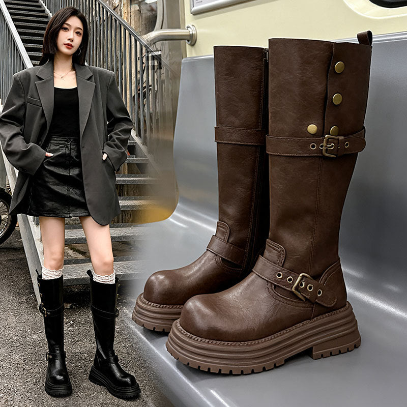 Women's Retro Chunky-Heel Knee-High Boots - British Style PU Leather Round Toe Mid Heel Winter Boots