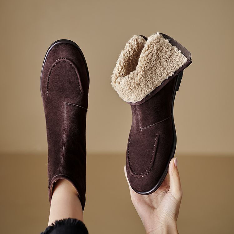 Women's Fleece-Lined Suede Ankle Boots - Warm Winter Low Heel Round Toe Boots