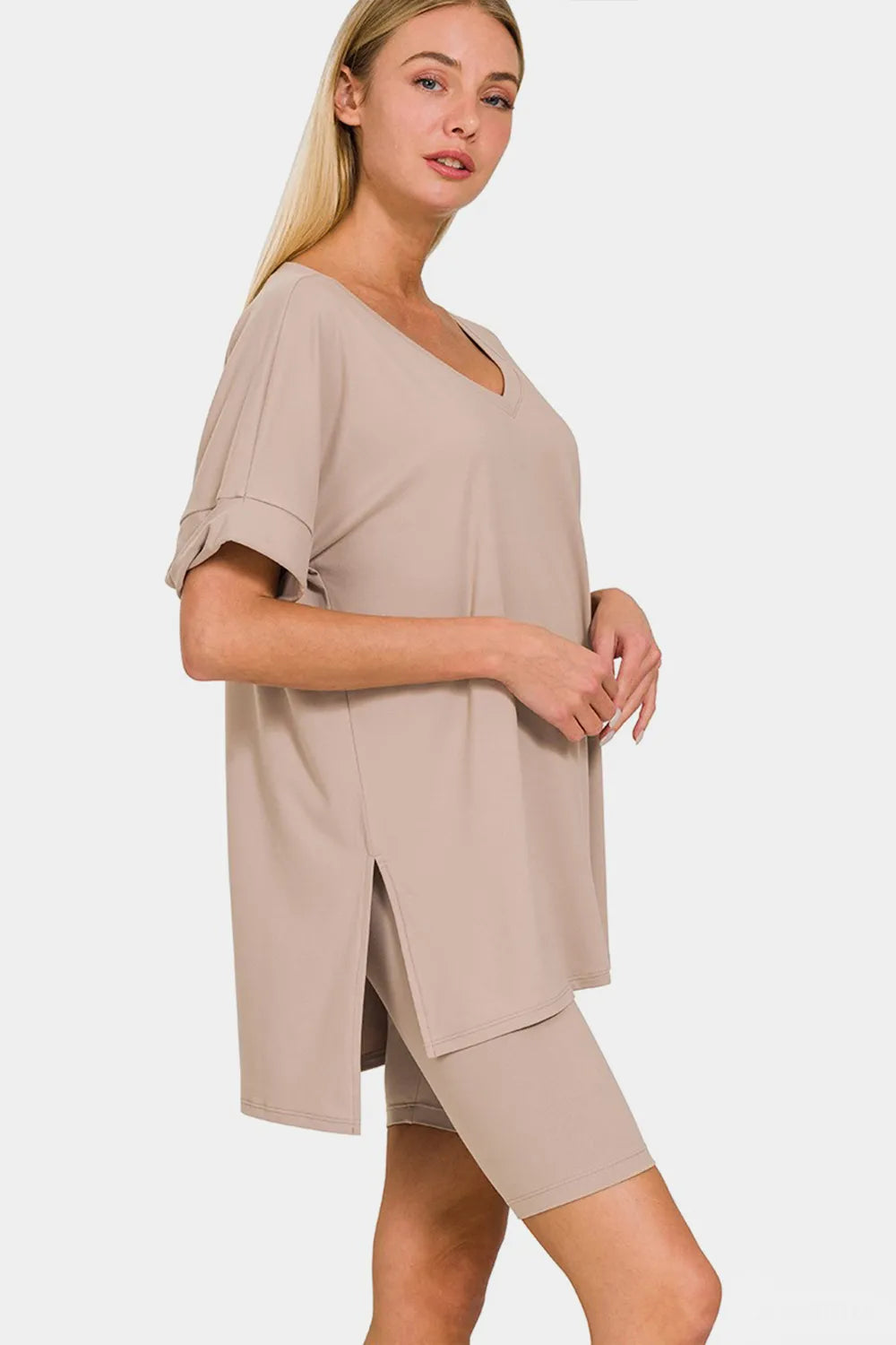 Curve V-Neck Short Sleeve Slit T-Shirt and Shorts Set