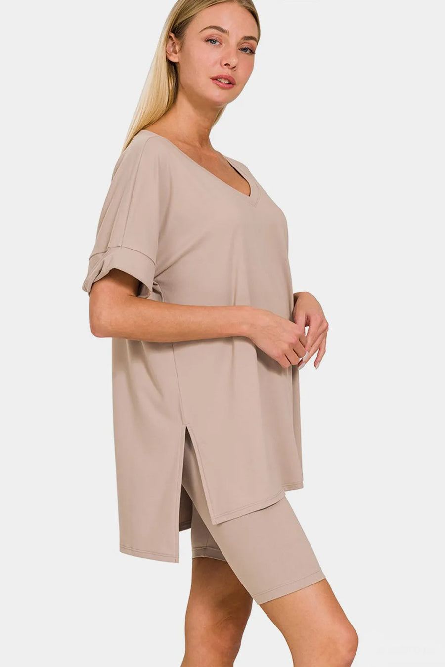 Curve V-Neck Short Sleeve Slit T-Shirt and Shorts Set
