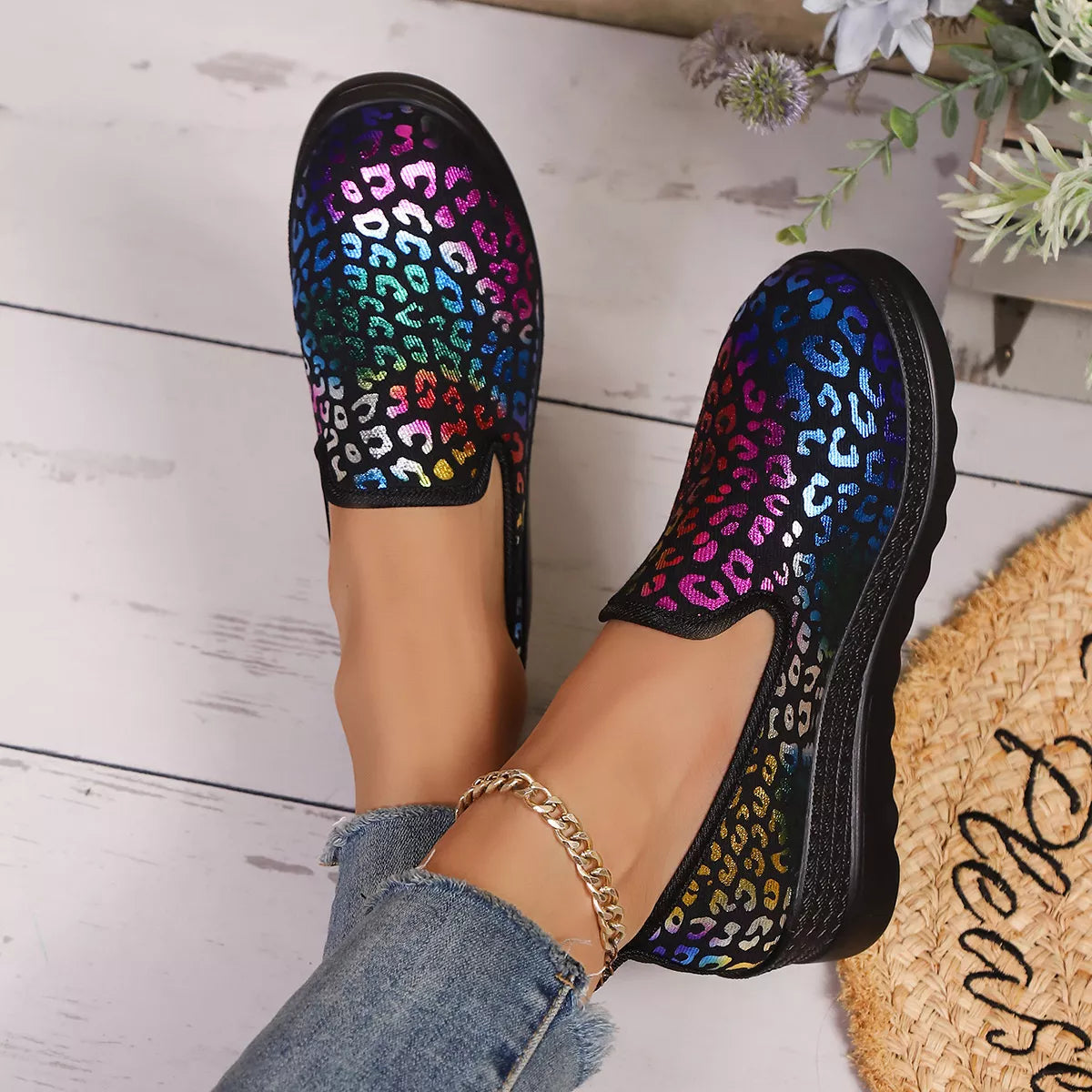 Women's Leopard Print Wedge Slip-On Shoes – Round Toe Low Heel Comfort Mules