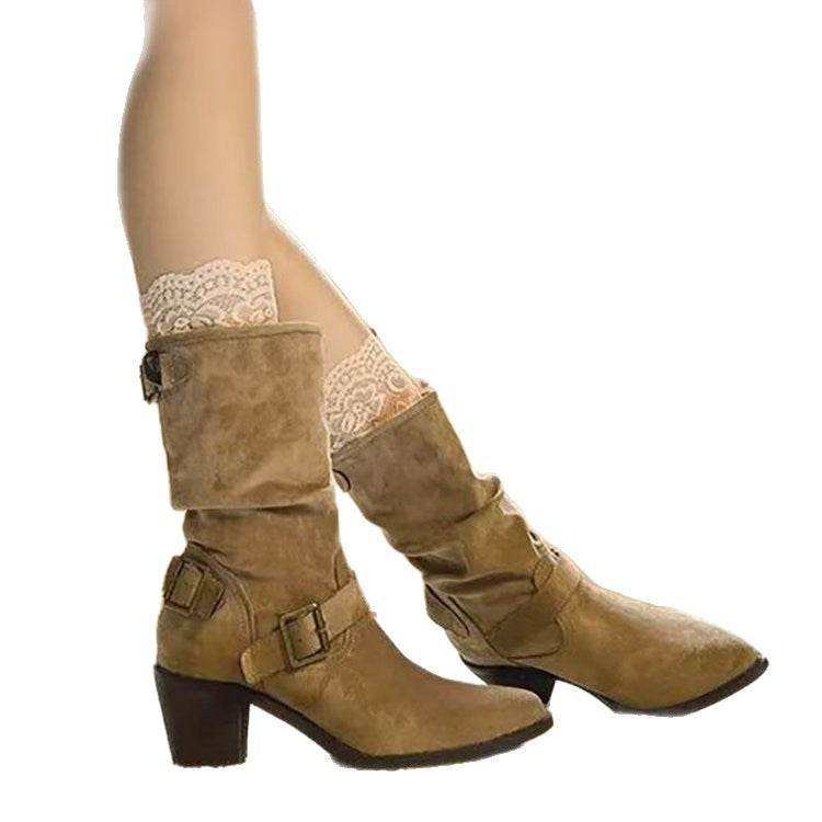 Retro Mid-Calf Chunky Heel Pointed Toe Boots for Women | Stacked Heel Slip-On Fashion Boots