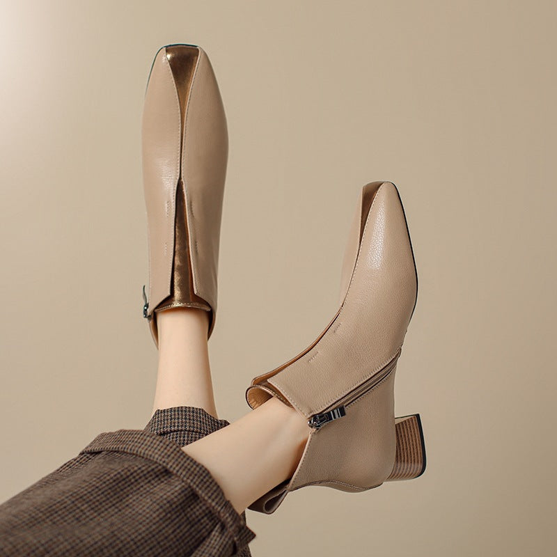 Women's Retro Square-Toe Sheepskin Ankle Boots | Chunky Heel Side-Zip