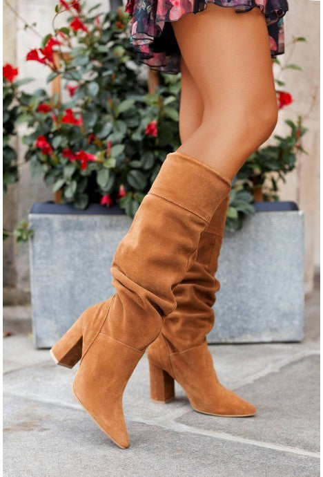 Women's Suede Over-the-Knee Boots - Chunky Heel Pointed Toe Slip-On Winter Boots