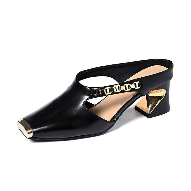 Women's Square-Toe Metal-Cap Platform Sandals | PU Upper Half-Slipper Heels