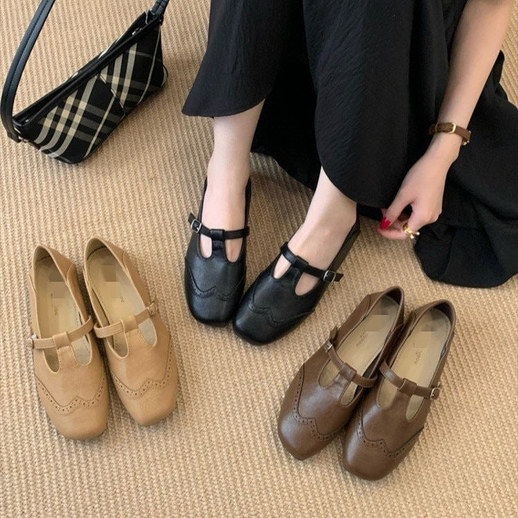Vintage T-Strap Slingback Flat Heel Shoes - Women's Buckle Strap Mary Jane Flats