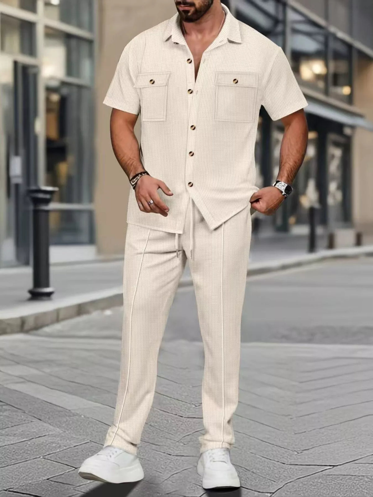 Men's Full Size Casual Short Sleeve Shirt and Pants Set Plus Size