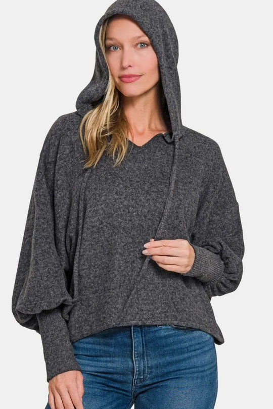 Another view: Brushed Hacci Drop Shoulder Cropped Hoodie — Black