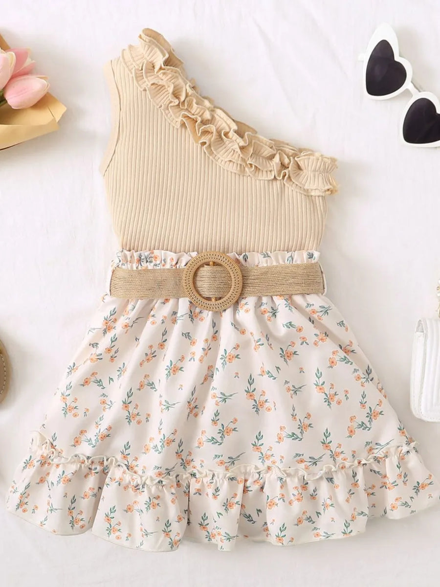 Girls' One-Shoulder Top & Printed Skirt Set – Tan