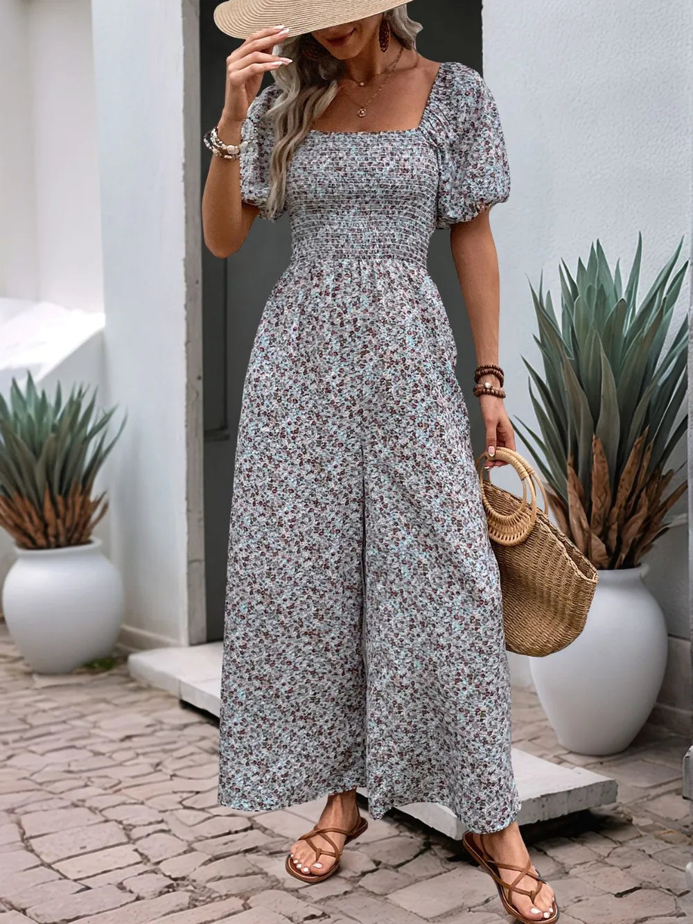 Valentina Ditsy Floral Smocked Square Neck Puff Sleeve Jumpsuit