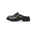 Women's Full Grain Leather Buckle Mules | Retro Low Block Heel Backless Shoes