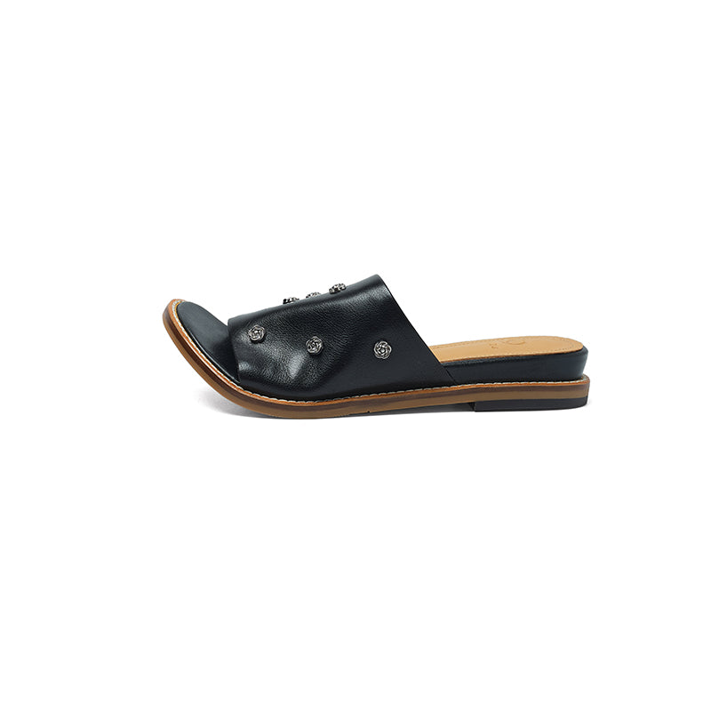 Women's Studded Leather Slide Sandals | Open Toe Flat Mules