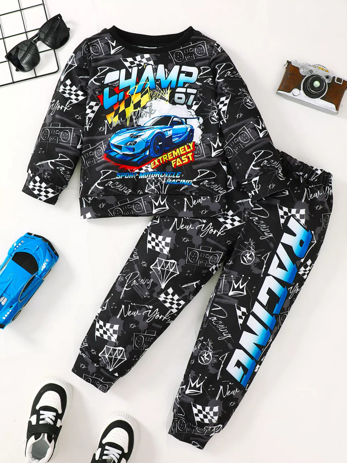 Storybook Racing Car Print Long-Sleeve Sweatshirt and Pants Set