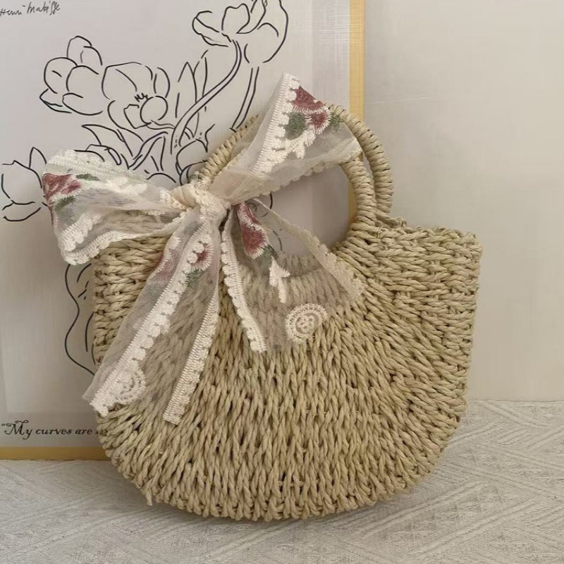 Women's Straw Crossbody Bag – Handcrafted Dumpling Shape with Embroidered Scarf Detail