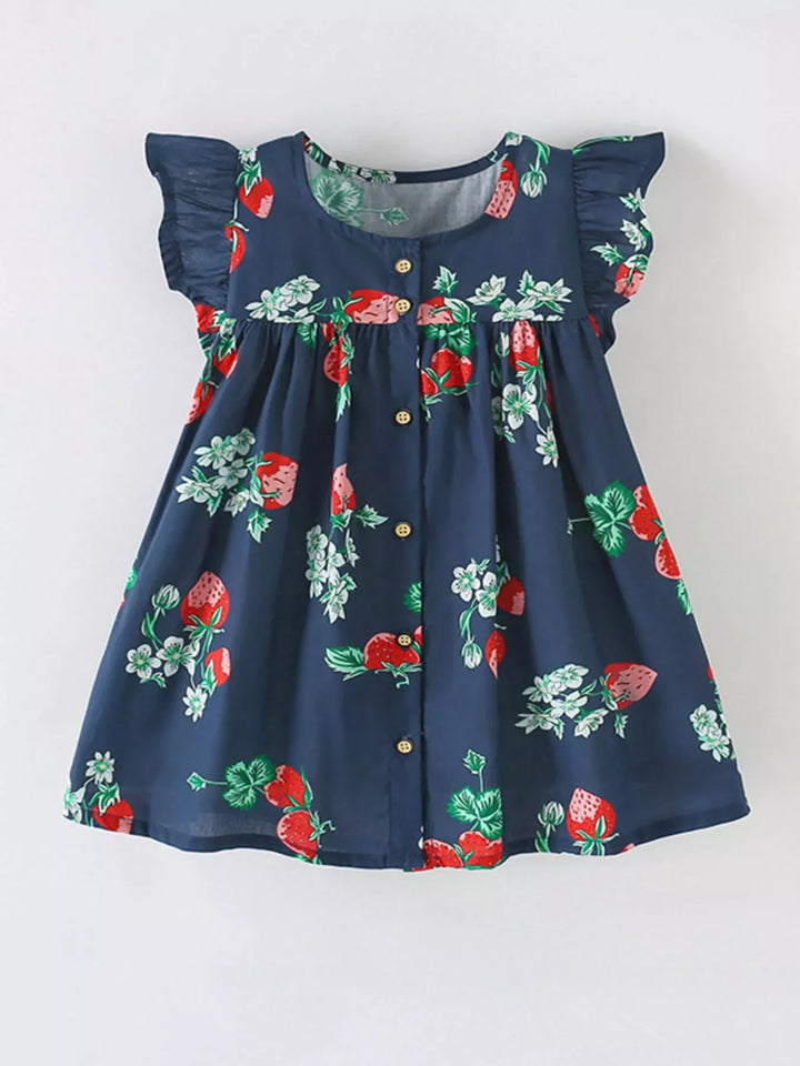 Strawberry Ruffle-Sleeve Cotton Dress — Navy