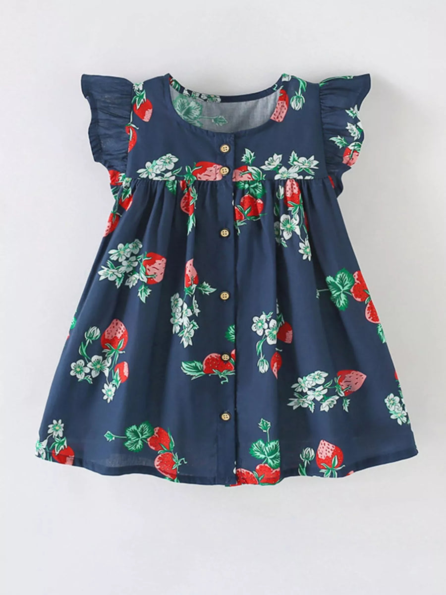 Strawberry Ruffle-Sleeve Cotton Dress — Navy