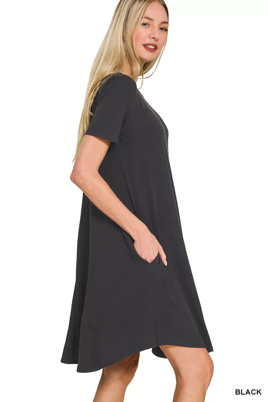 Another view: Short Sleeve Round Hem A-line Dress with Side Pockets