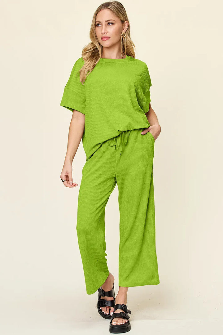 Textured T-Shirt & Wide-Leg Pants Set — Full Size