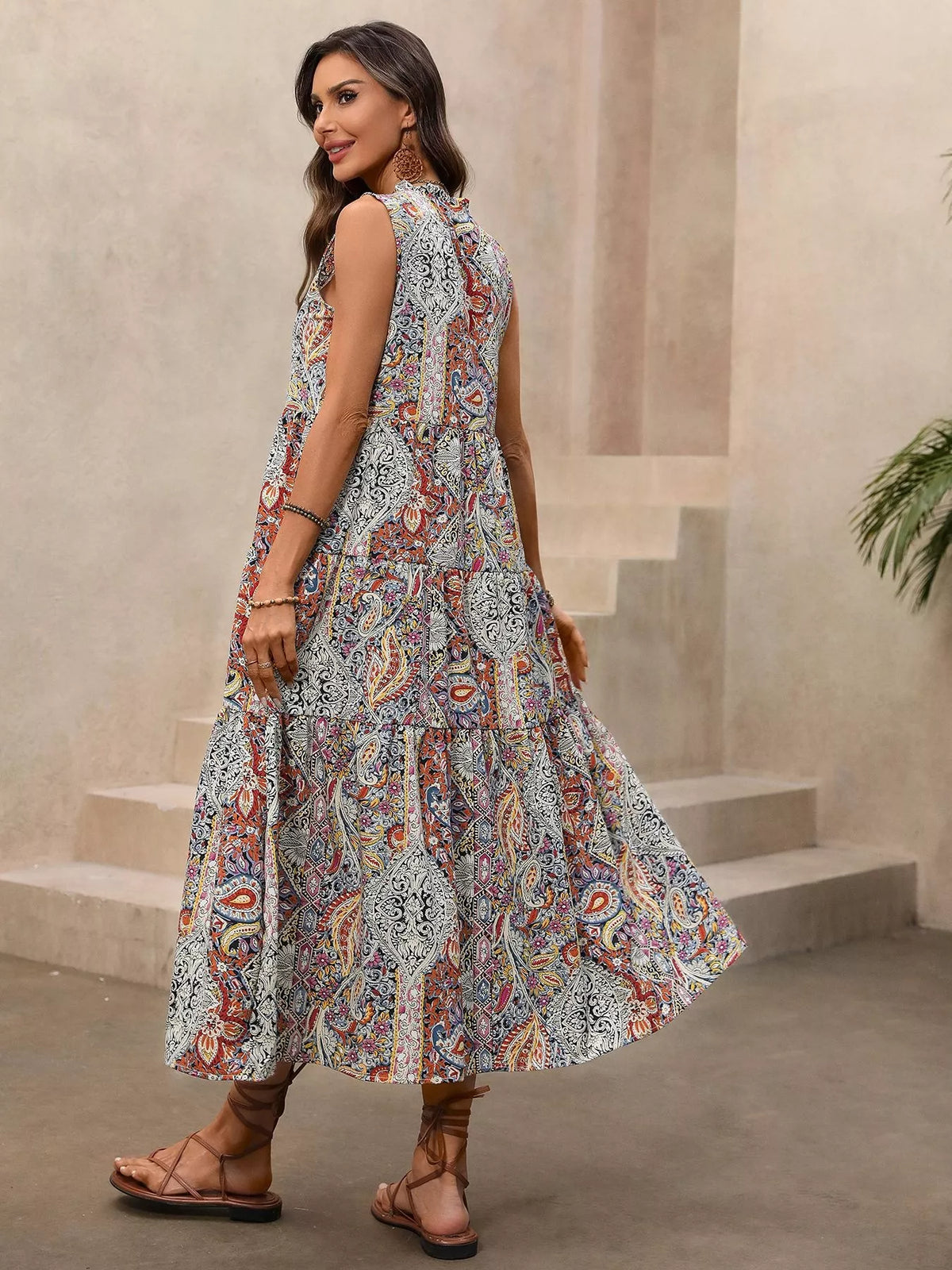 Solene Paisley Print Tie Neck Sleeveless Midi Dress