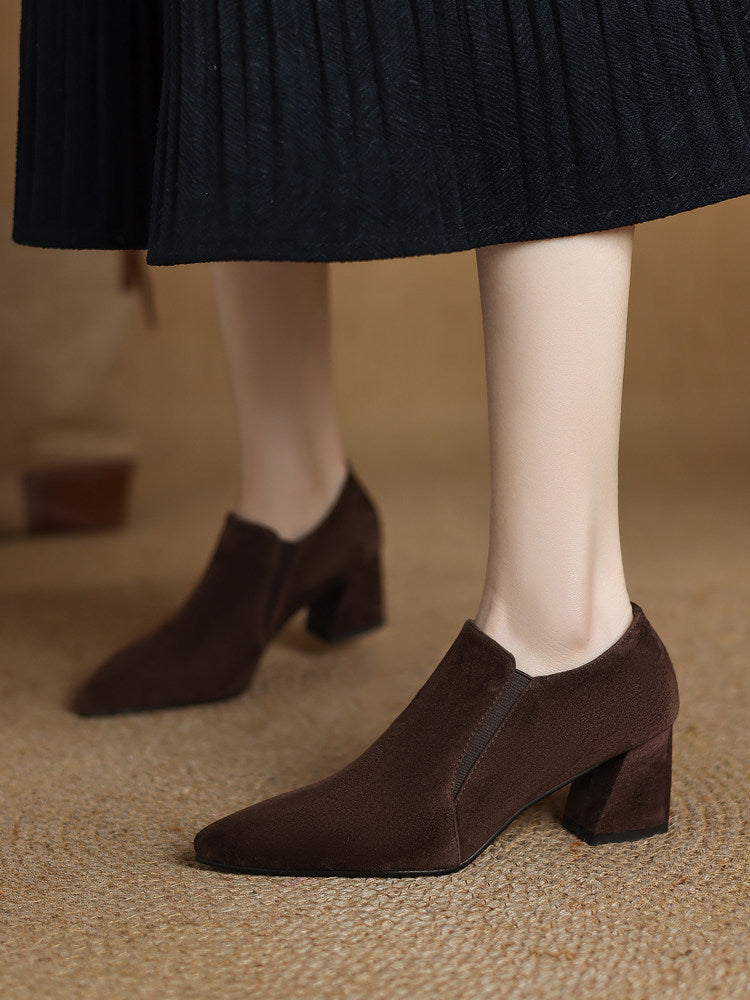 Women's Suede-Texture Pointed-Toe Low Chunky-Heel Slip-On Shoes | Black & Brown