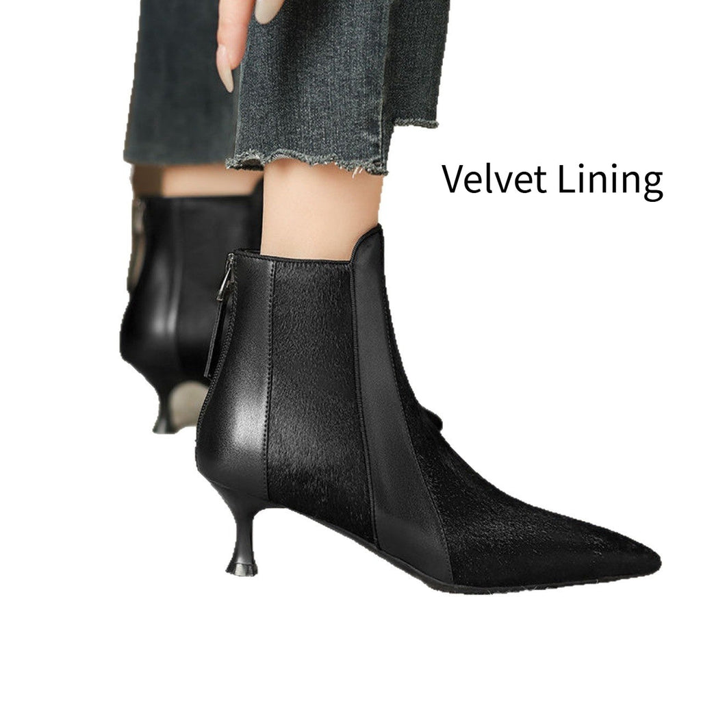 Women's Genuine Leather Stiletto Heel Pointed-Toe Ankle Boots – Back Zipper, Velvet or Single Lining