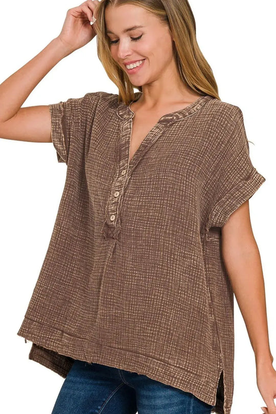 Another view: Washed Double Gauze 3/4 Button Henley Neck Shirt — Brown