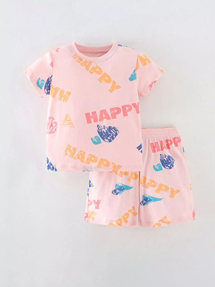 Blush pink happy-print children’s tee and shorts set.