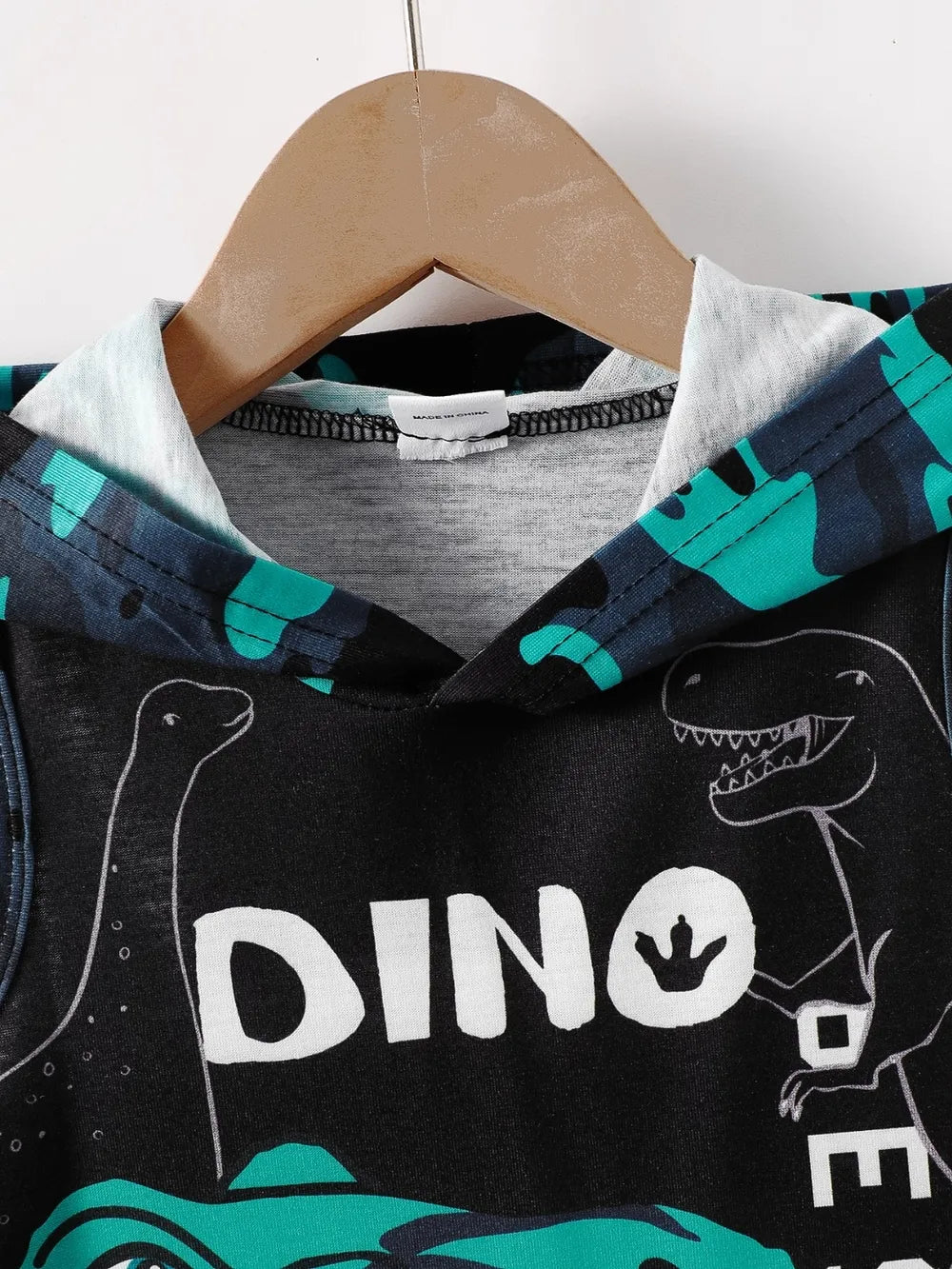 Kids' Dinosaur Sleeveless Hoodie & Shorts Set – Black