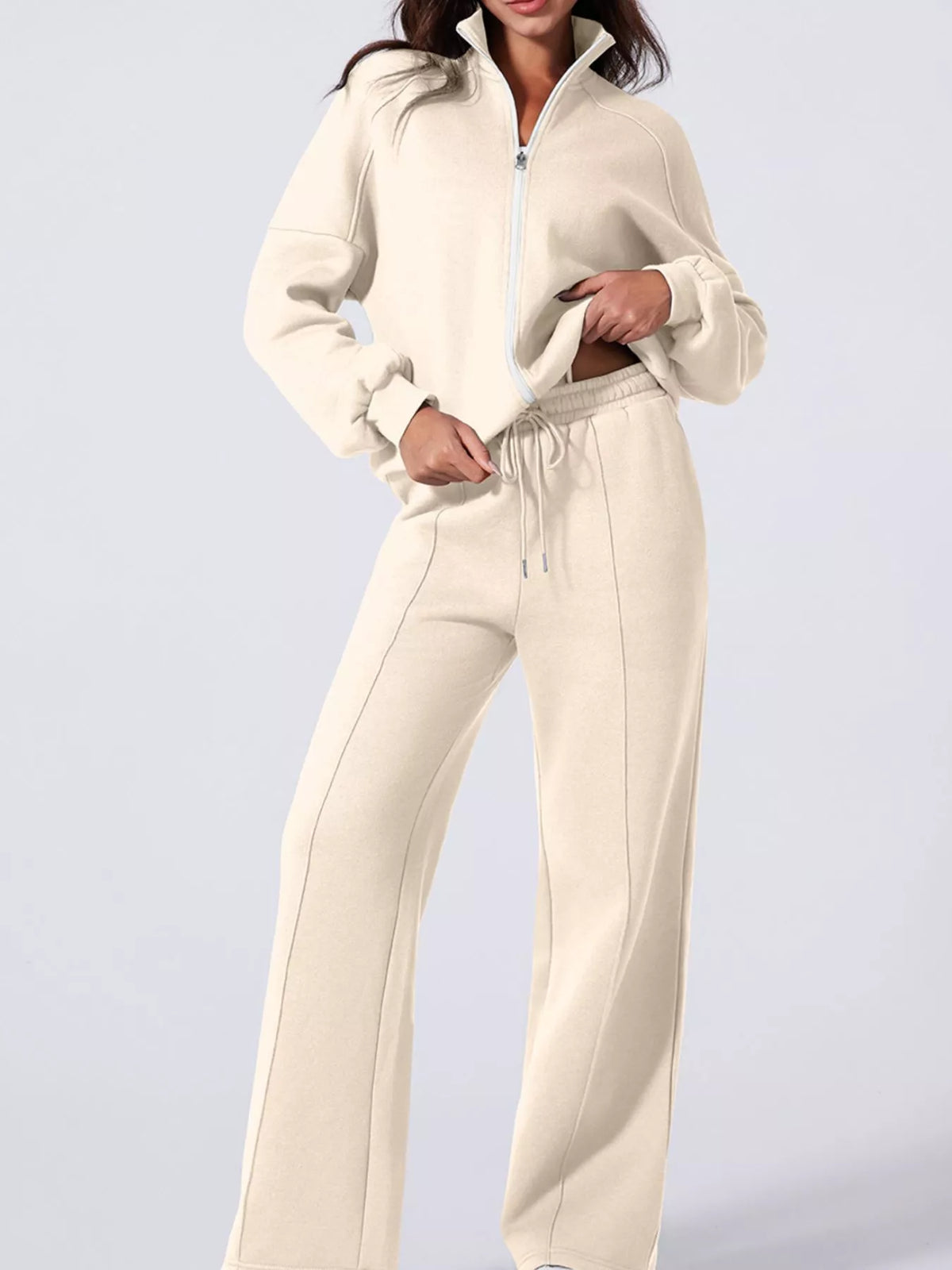 Drop Shoulder Zip-Up Jacket & Drawstring Pants Active Set